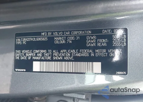 2020 Volvo S60 T6 Momentum from USA, damaged, VIN 7JRA22TK2LG065825